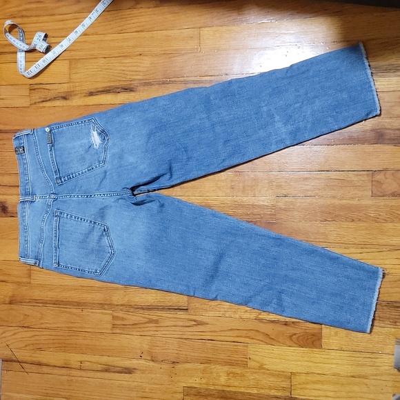 7 for all mankind high waist distressed cropped straight light blue jeans s 27 - Picture 6 of 8